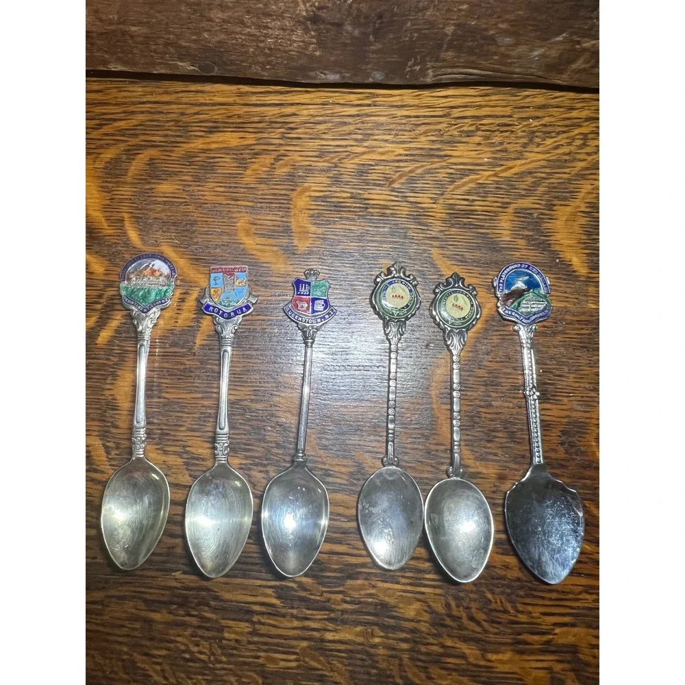 Vintage Silver Souvenir Spoon Set Lot Enamel Rotorua Queenstown Mt Cook EPNS 6pc